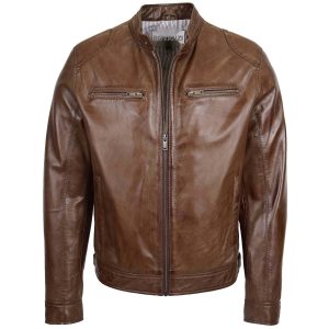 BUNERI Chaqueta Biker de Cuero Auténtico Marrón para Hombre