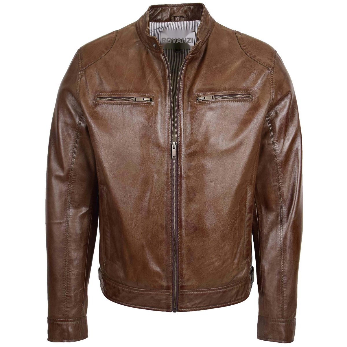 BUNERI Chaqueta Biker de Cuero Auténtico Marrón para Hombre - Imagen 2