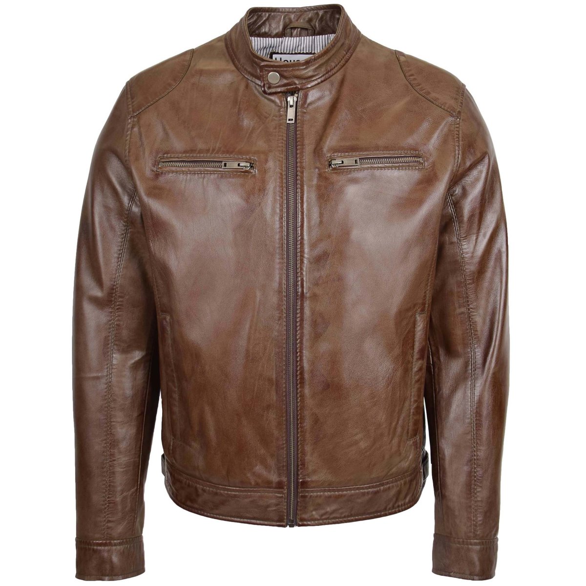 BUNERI Chaqueta Biker de Cuero Auténtico Marrón para Hombre - Imagen 4