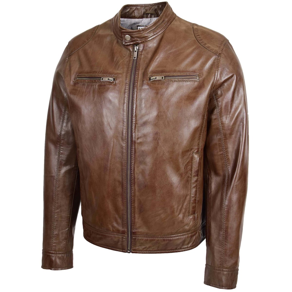 BUNERI Chaqueta Biker de Cuero Auténtico Marrón para Hombre - Imagen 5
