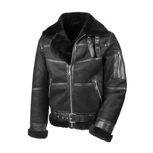 Chaqueta de aviador de piel de oveja negra para hombre – Premium