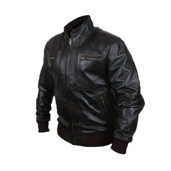 Chaqueta de aviador de cuero genuino negro para hombre - Imagen 4