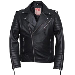Chaqueta de moto negra de cuero genuino para hombre con estampado de rombos.