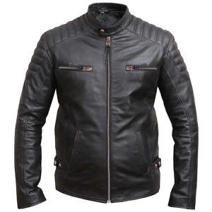 Chaqueta de motorista de cuero genuino negro envejecido para hombre