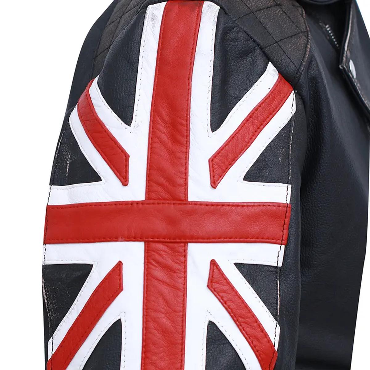 Chaqueta de motorista vintage de cuero genuino negro para hombre con bandera británica - Imagen 4