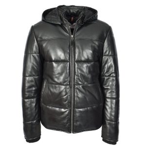 BUNERI Chaqueta Puffer de Cuero Negro para Hombre con Capucha Desmontable