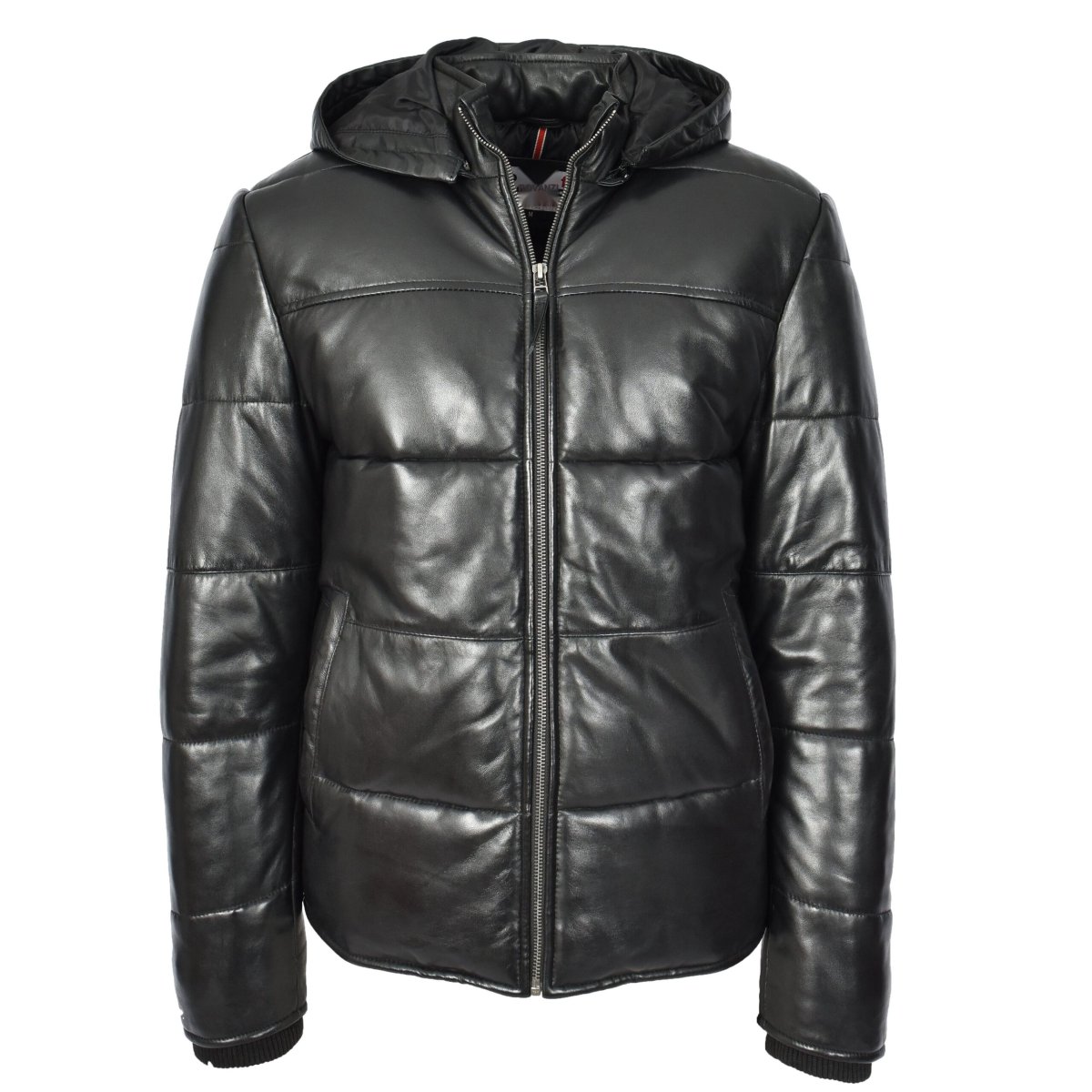 BUNERI Chaqueta Puffer de Cuero Negro para Hombre con Capucha Desmontable - Imagen 2