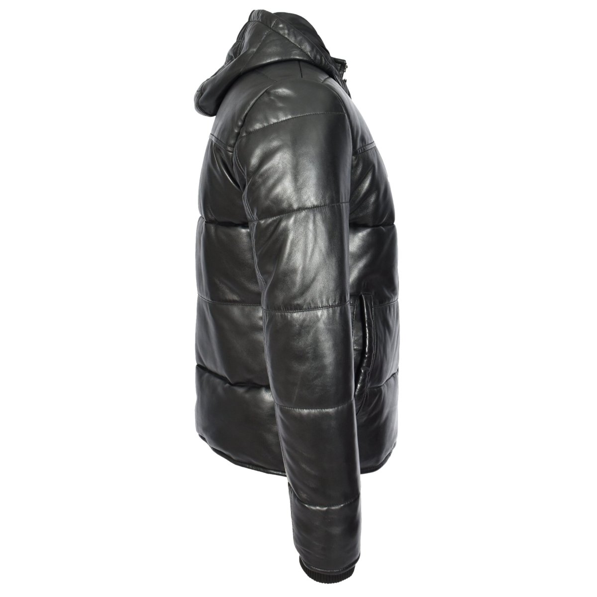 BUNERI Chaqueta Puffer de Cuero Negro para Hombre con Capucha Desmontable - Imagen 4