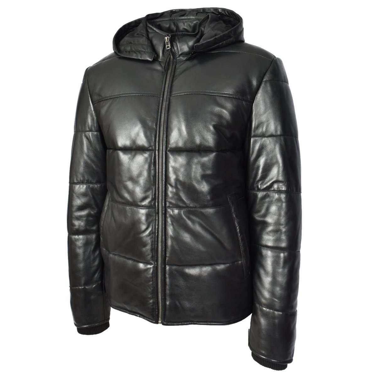 BUNERI Chaqueta Puffer de Cuero Negro para Hombre con Capucha Desmontable - Imagen 5