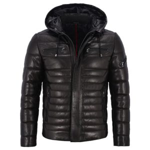 Chaqueta deportiva negra acolchada de cuero auténtico para hombre