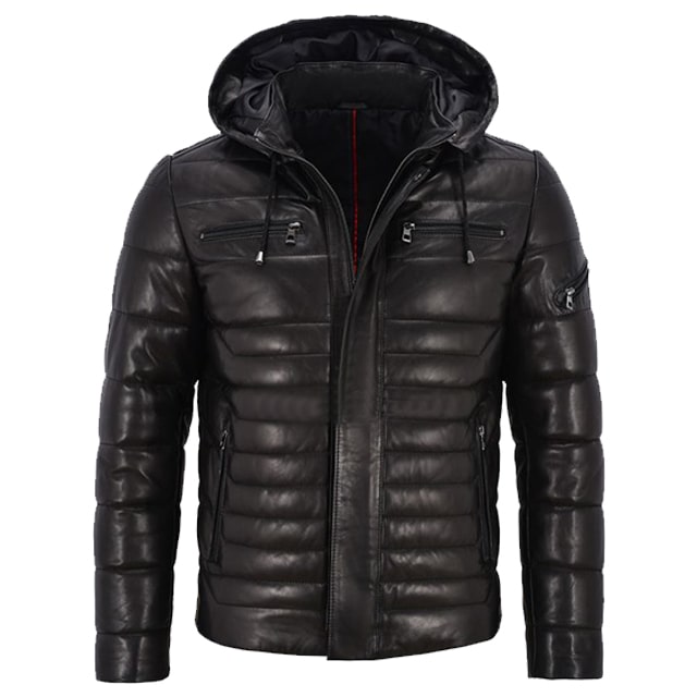 Chaqueta deportiva negra acolchada de cuero auténtico para hombre - Imagen 2