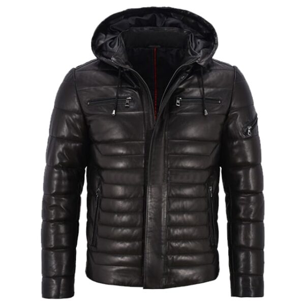 Chaqueta deportiva negra acolchada de cuero auténtico para hombre - Imagen 4
