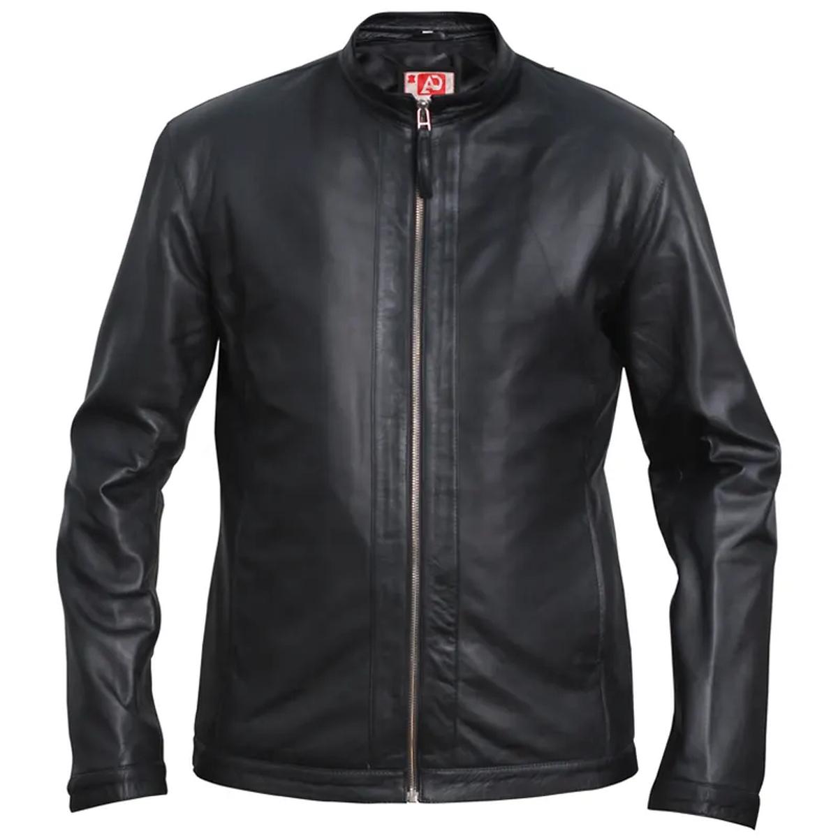 Chaqueta de motorista negra de cuero auténtico para hombre, corte ajustado. - Imagen 3