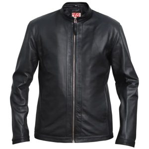 Chaqueta de motorista negra de cuero auténtico para hombre, corte ajustado.