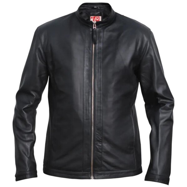 Chaqueta de motorista negra de cuero auténtico para hombre, corte ajustado.