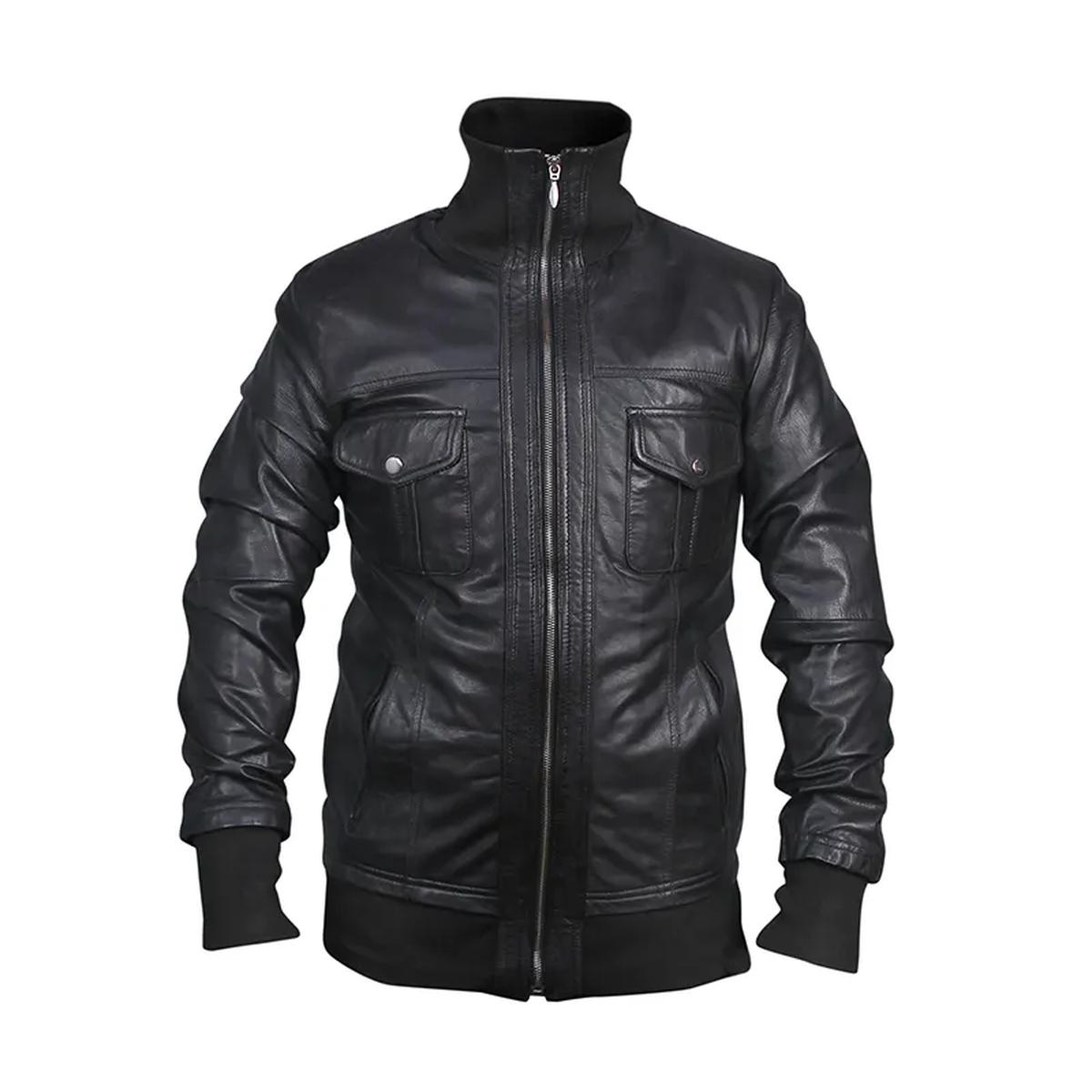Chaqueta de motorista negra de cuero auténtico para hombre, corte ajustado. – con Cuello Alto - Imagen 3