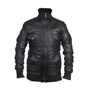 Chaqueta de motorista negra de cuero auténtico para hombre, corte ajustado. – con Cuello Alto
