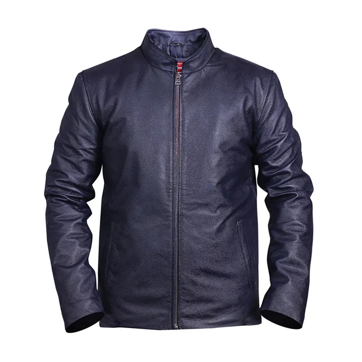 Chaqueta de motorista azul de cuero auténtico para hombre, a la moda. - Imagen 3