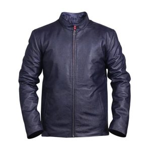 Chaqueta de motorista azul de cuero auténtico para hombre, a la moda.