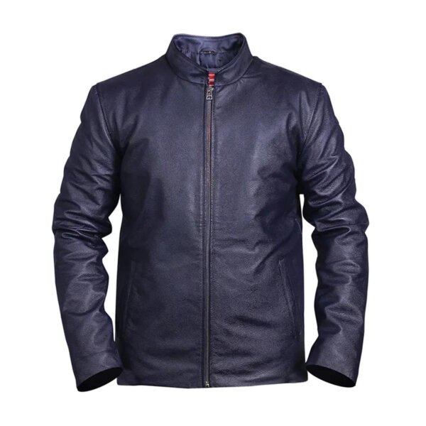 Chaqueta de motorista azul de cuero auténtico para hombre, a la moda.