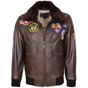 BUNERI Chaqueta Hombre Cuero Bomber Estilo Air Force Marrón