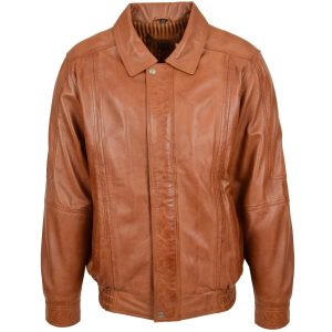 BUNERI Cazadora Bomber de Cuero Hombre Estilo Clásico Tostado