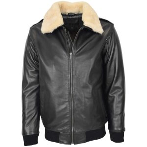 BUNERI Bomber de Cuero Viggo Negro con Cuello de Borrego