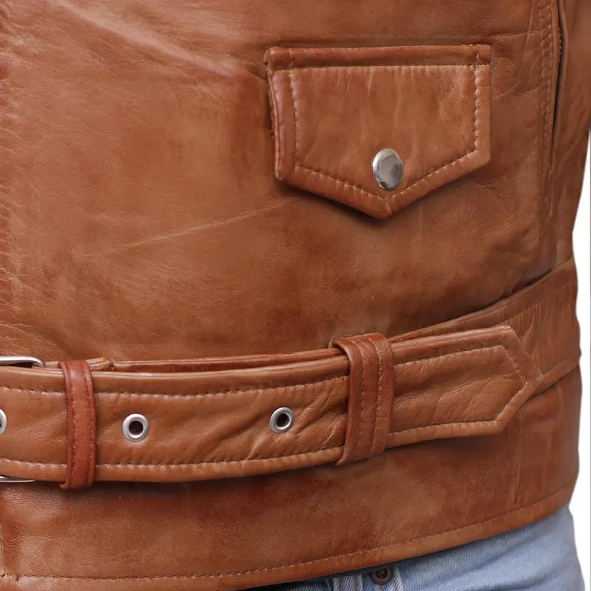 Chaqueta de hombre de piel de oveja marrón con cierre de doble cremallera y corte ajustado. - Imagen 7