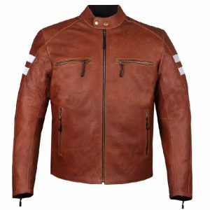 Chaqueta de moto para hombre de piel de vacuno auténtica marrón