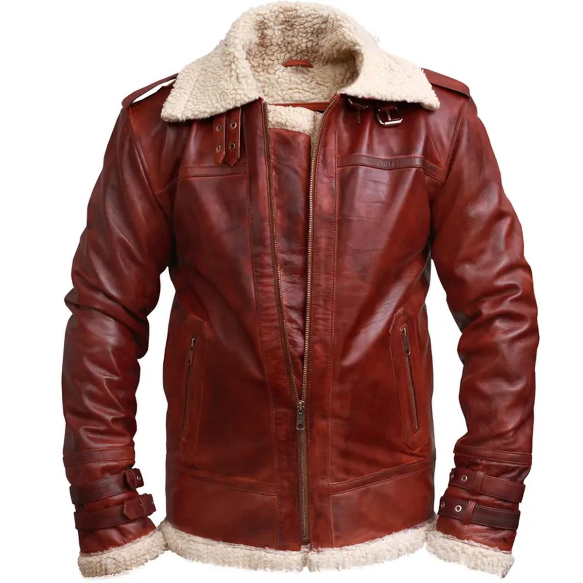 Chaqueta de hombre de piel auténtica con cuello alto y ribete de piel de oveja marrón. - Imagen 5