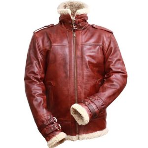 Chaqueta de hombre de piel auténtica con cuello alto y ribete de piel de oveja marrón.