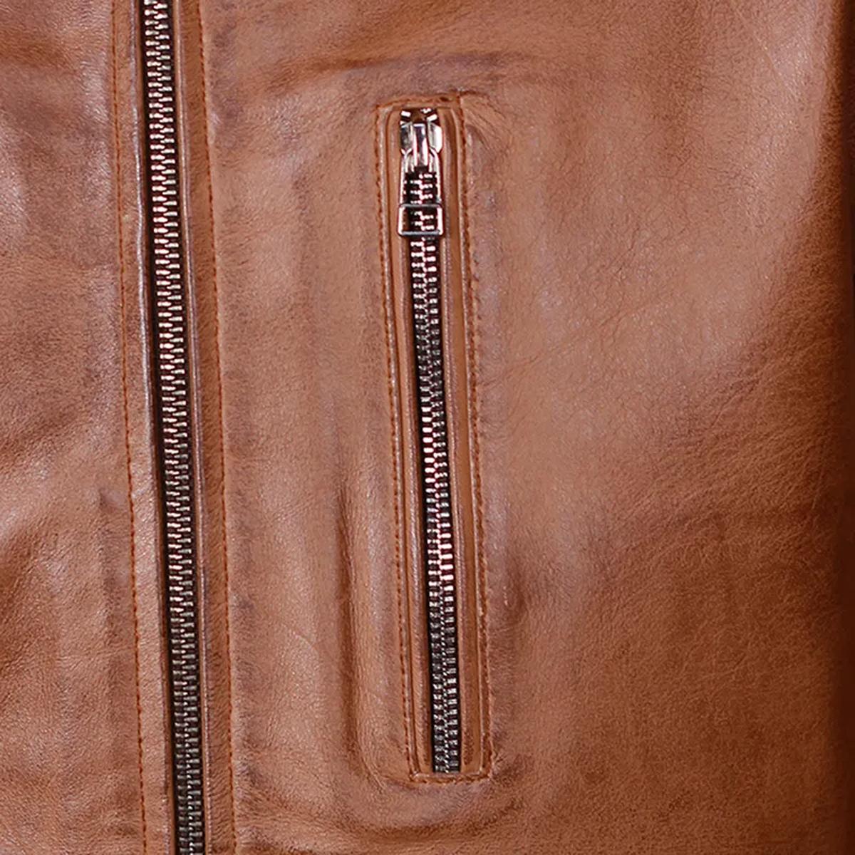 Chaqueta de motorista de cuero iónico marrón auténtico para hombre - Imagen 6