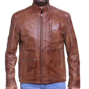 Chaqueta vintage de cuero genuino marrón para hombre, estilo café racer.