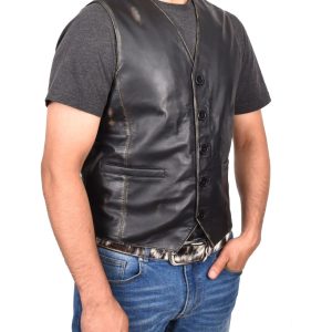 BUNERI Chaleco de Cuero Nick Negro Vintage Abotonado