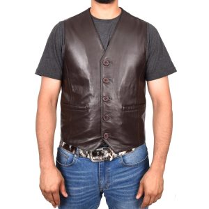BUNERI Chaleco de Cuero Marrón para Hombre con Botonadura