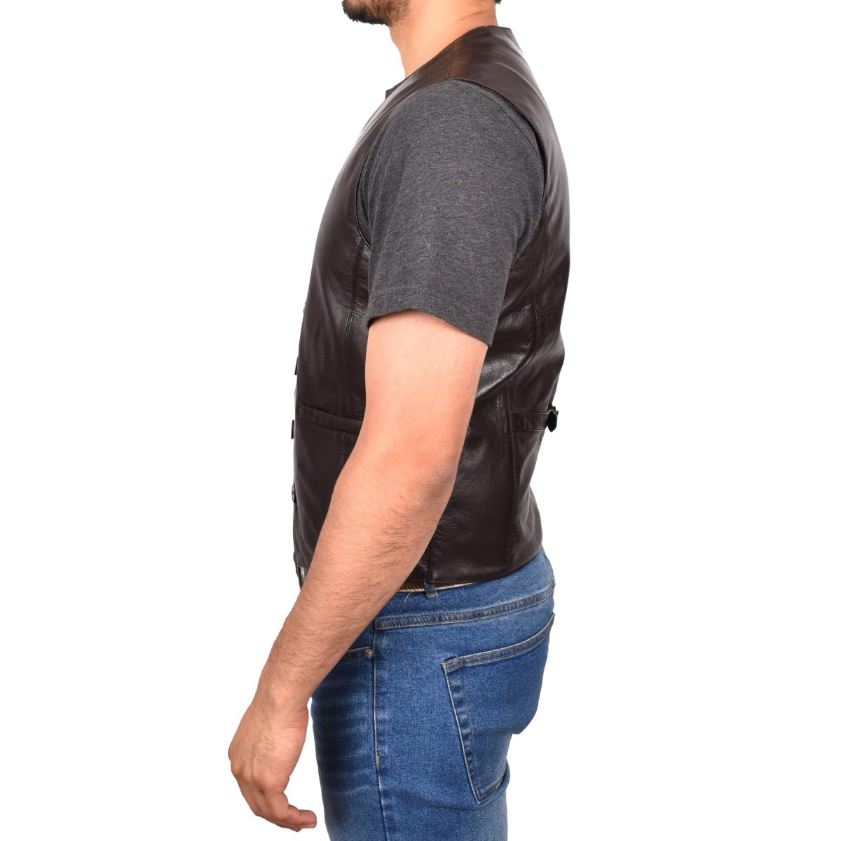 BUNERI Chaleco de Cuero Marrón para Hombre con Botonadura - Imagen 4