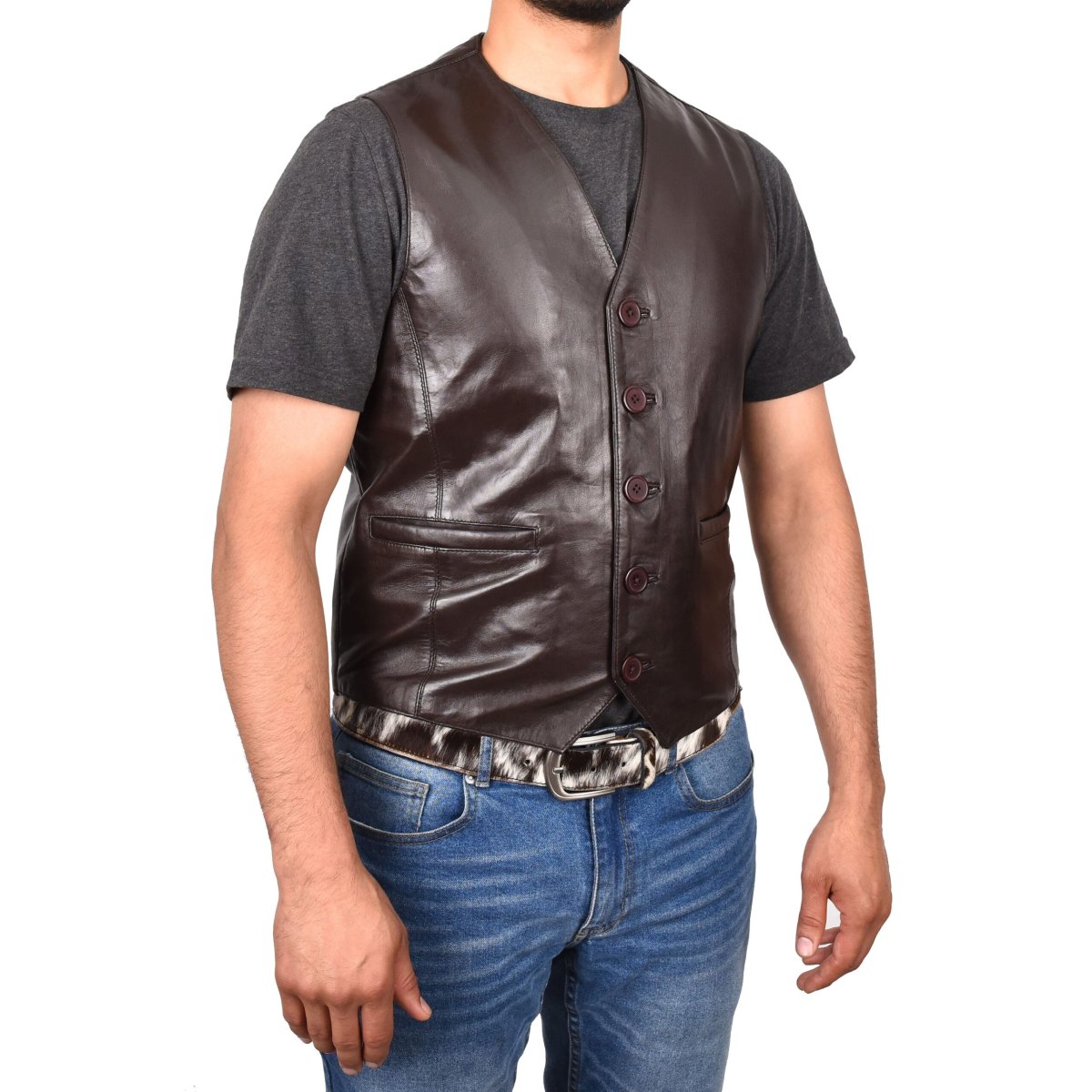 BUNERI Chaleco de Cuero Marrón para Hombre con Botonadura - Imagen 5