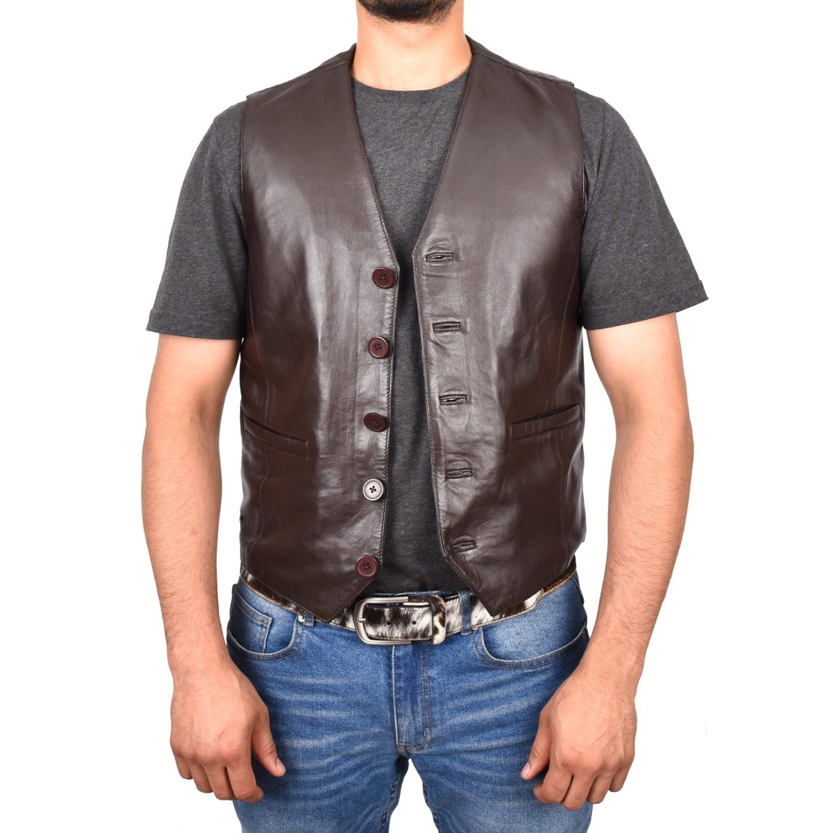BUNERI Chaleco de Cuero Marrón para Hombre con Botonadura - Imagen 6