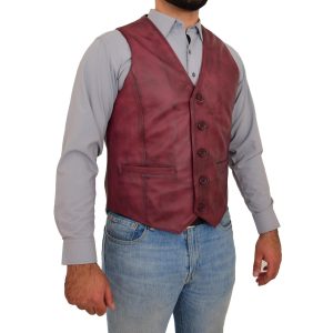 BUNERI Chaleco de Cuero Burdeos para Hombre con Botonadura