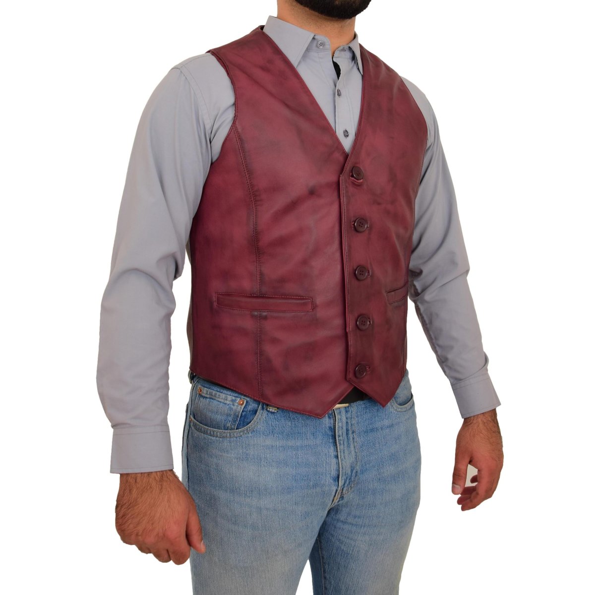 BUNERI Chaleco de Cuero Burdeos para Hombre con Botonadura - Imagen 2