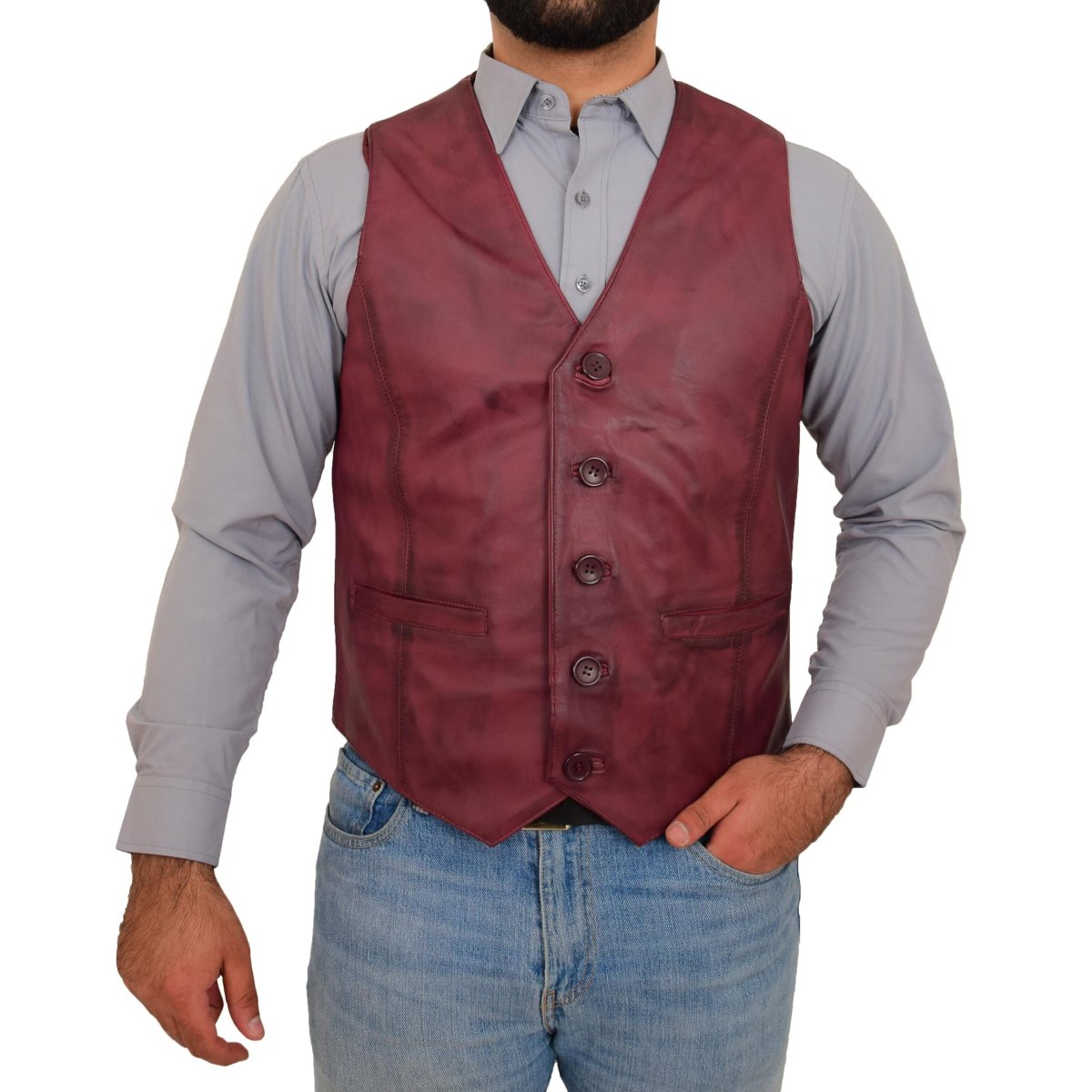 BUNERI Chaleco de Cuero Burdeos para Hombre con Botonadura - Imagen 4