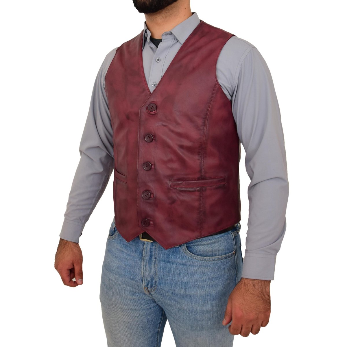 BUNERI Chaleco de Cuero Burdeos para Hombre con Botonadura - Imagen 5