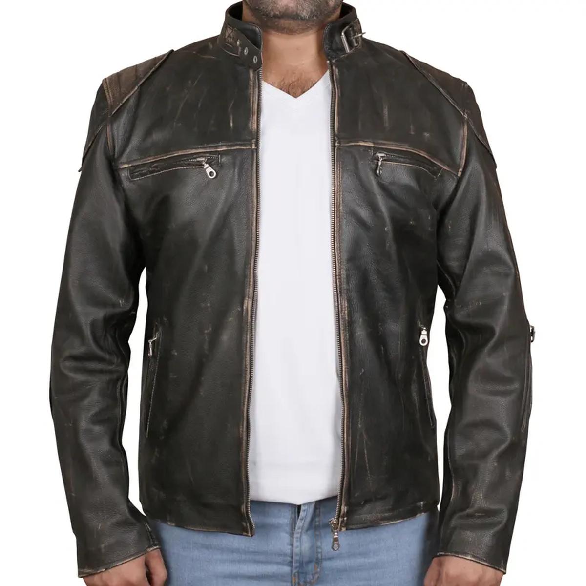 Chaqueta de hombre estilo café racer acolchada de cuero auténtico. - Imagen 3