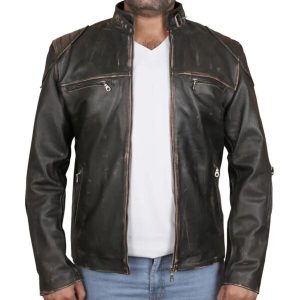 Chaqueta de hombre estilo café racer acolchada de cuero auténtico.