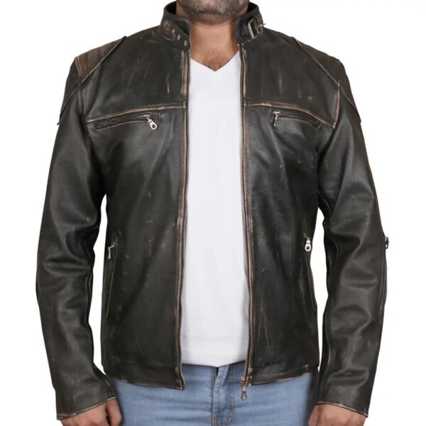 Chaqueta de hombre estilo café racer acolchada de cuero auténtico. - Imagen 2