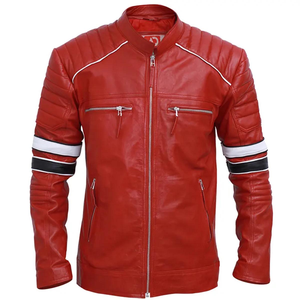 Chaqueta de cuero auténtico para hombre con rayas rojas, estilo café racer. - Imagen 3