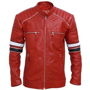 Chaqueta de cuero auténtico para hombre con rayas rojas, estilo café racer.