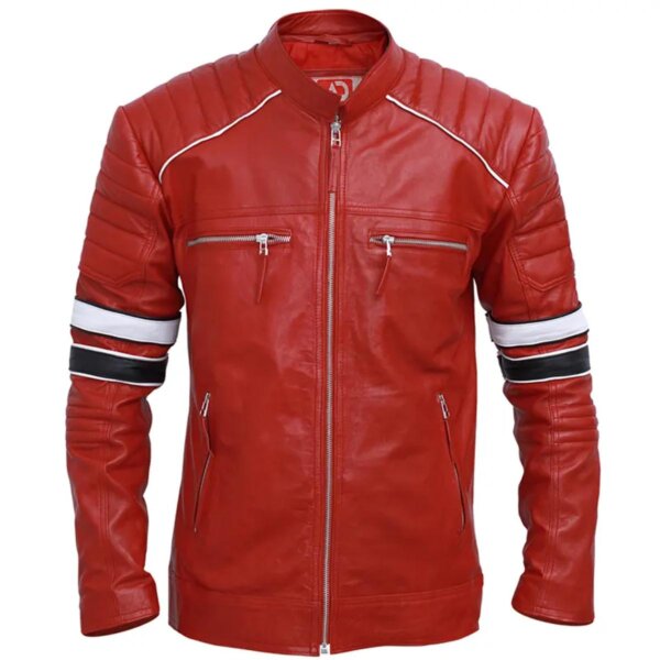 Chaqueta de cuero auténtico para hombre con rayas rojas, estilo café racer.