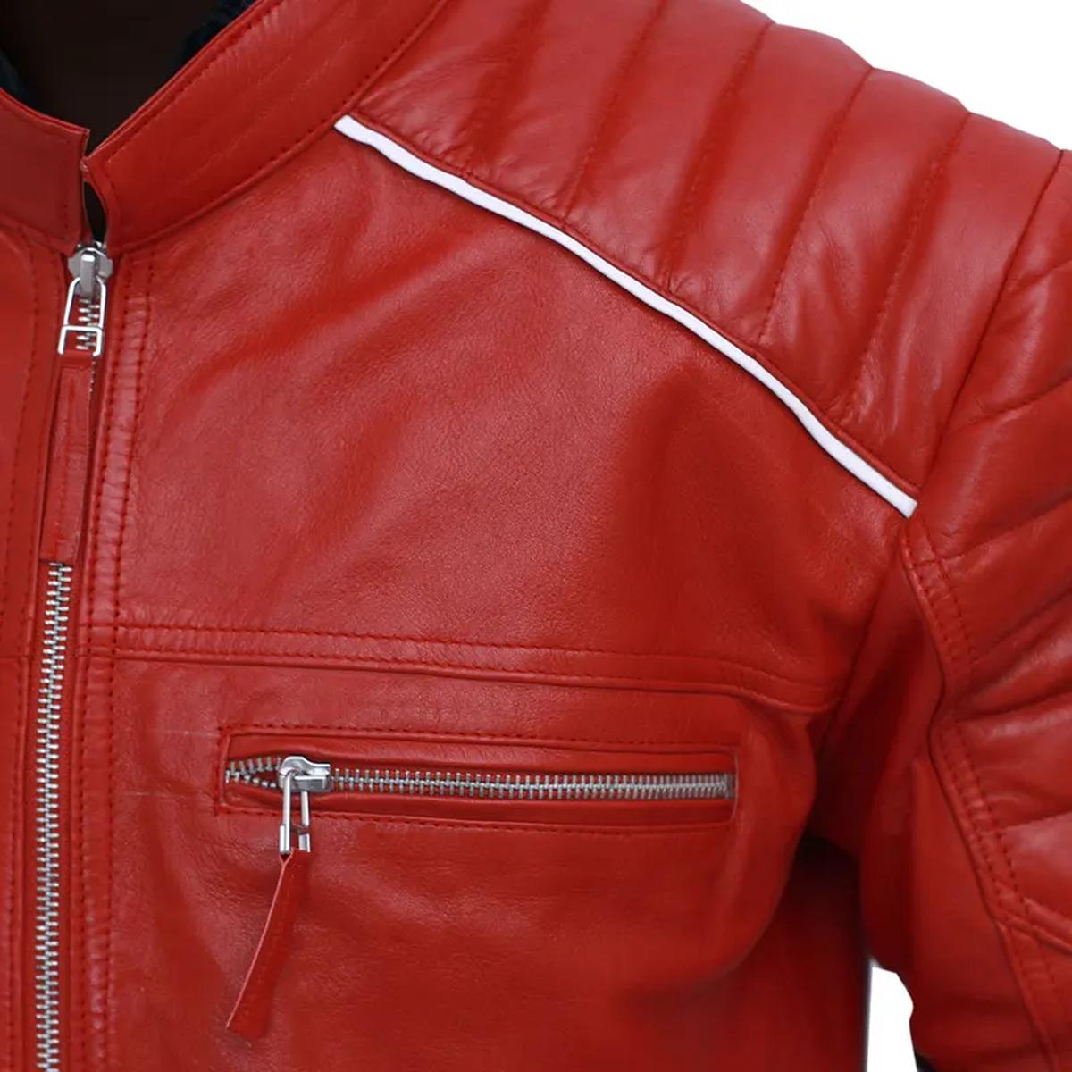 Chaqueta de cuero auténtico para hombre con rayas rojas, estilo café racer. - Imagen 4