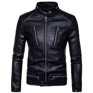 Chaqueta de motorista de piel de cordero auténtica, corte ajustado e informal para hombre.